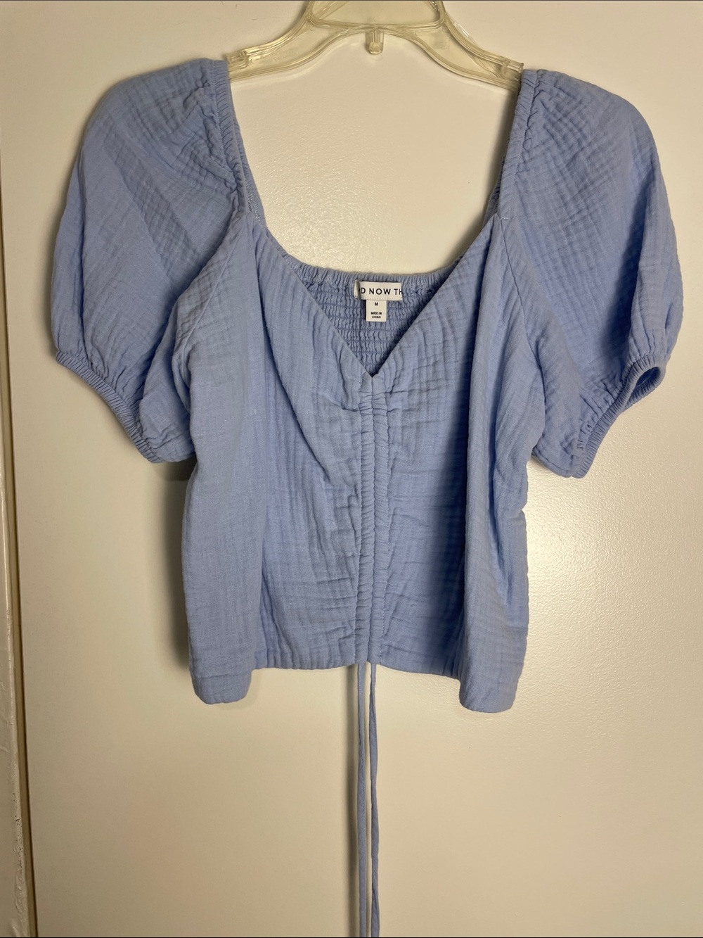 Light Blue Puff-Sleeve Cotton Blouse with Front Tie